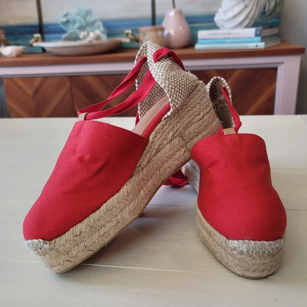Castaner Red Canvas Wedge Espadrilles with Ankle Ties